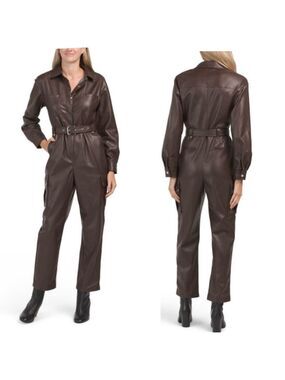 7 for all mankind dark chocolate brown faux leather long sleeve jumpsuit M NWT